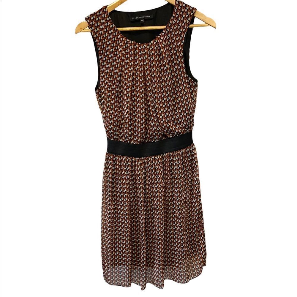Geometric Pattern Brown&Cream Sleeveless Elastic Waist Italian Made Dress